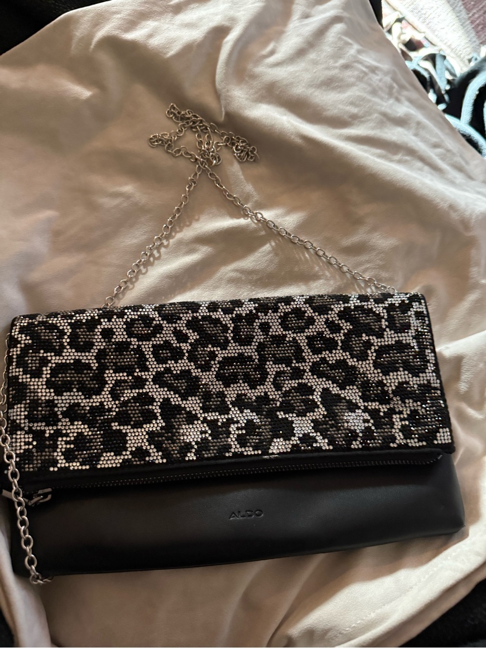 Aldo Black & Silver Leopard Crystal Foldover Clutch with Chain